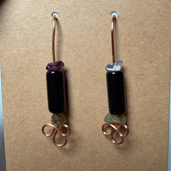 Black Onyx and rainbow fluorite earrings copper handmade - Picture 2 of 4